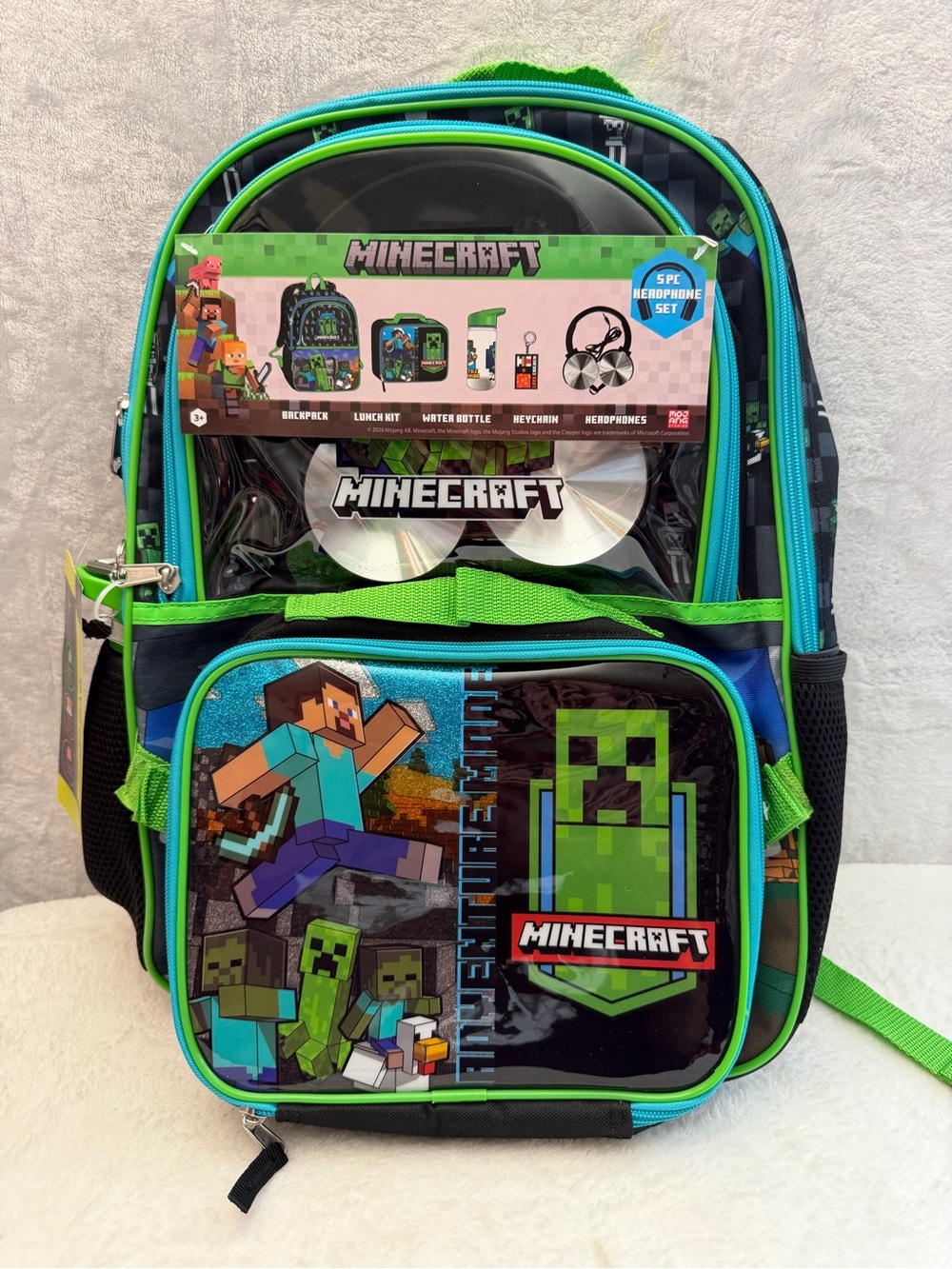 Minecraft Kids Backpack 5 Piece School Set Lunch Bag Headphones Water Bottle